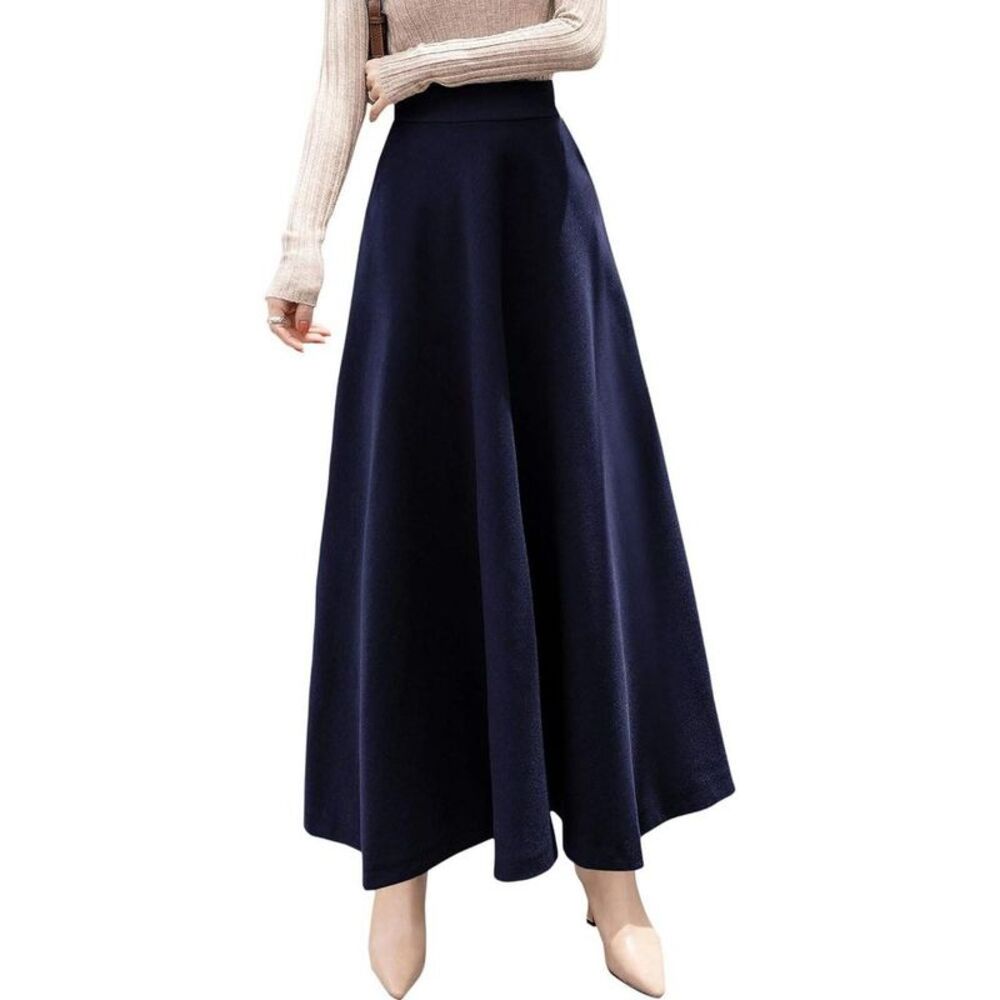 Women's Wool A-Line Maxi Skirt - Fall Winter Swing Pleated Long Skater